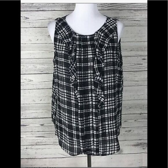 Elle NEW Check Cascade Ruffle Blouse Top Lightweight Shirt Sheer Flowy Crew L - Picture 2 of 12